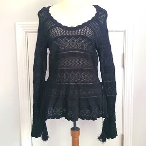 Y2K Bell Sleeve Top Womens Size S Pointelle Boho Fairy Crochet Knit Tunic Blouse